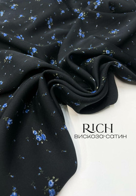 Вискоза сатин RICH Голубые букетики Магазин тканей RUNA TEX - оптом и в розницу