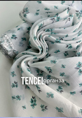 Органза TENCEL Бирюзовые цветочки Магазин тканей RUNA TEX - оптом и в розницу