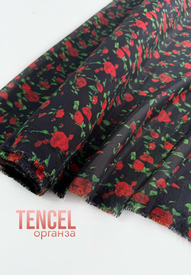Органза TENCEL красные розочки Магазин тканей RUNA TEX - оптом и в розницу