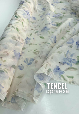 Органза TENCEL голубые цветы Магазин тканей RUNA TEX - оптом и в розницу