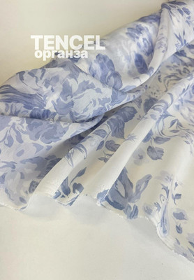 Органза TENCEL Крупные голубые цветы Органза